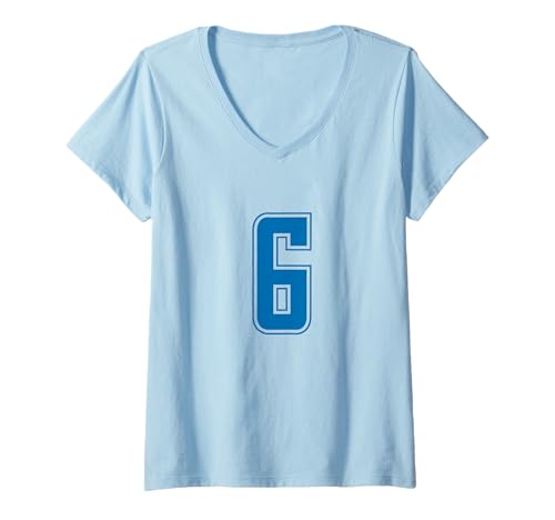Damen Blau Nummer 6 Mannschaft Sport Nummerierte Uniform T-Shirt mit V-Ausschnitt von Uniform Blue Number Sports DESIGN ON THE FRONT