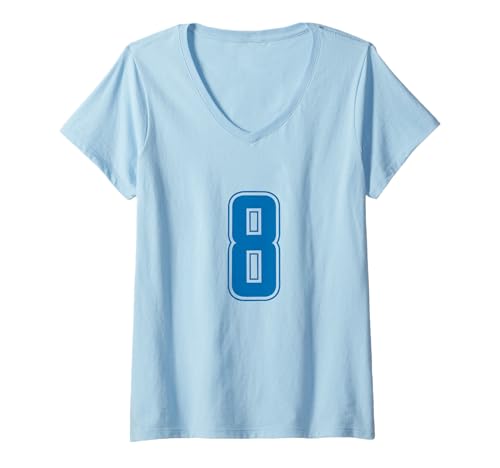 Damen Blau Nummer 8 Mannschaft Sport Nummerierte Uniform T-Shirt mit V-Ausschnitt von Uniform Blue Number Sports DESIGN ON THE FRONT