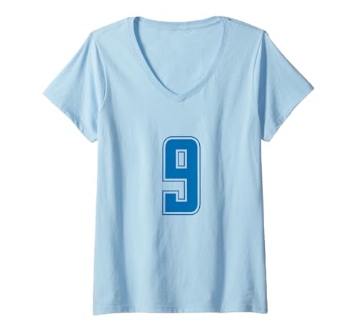 Damen Blau Nummer 9 Mannschaft Sport Nummerierte Uniform T-Shirt mit V-Ausschnitt von Uniform Blue Number Sports DESIGN ON THE FRONT