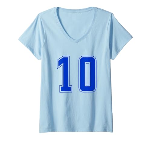 Damen Königsblau Nummer 10 Mannschaft Sport Nummerierte Uniform T-Shirt mit V-Ausschnitt von Uniform Number Sports Blue DESIGN ON THE FRONT