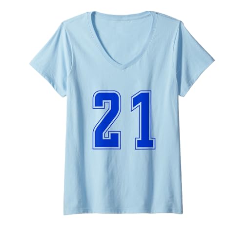 Damen Königsblau Nummer 21 Mannschaft Sport Nummerierte Uniform T-Shirt mit V-Ausschnitt von Uniform Number Sports Blue DESIGN ON THE FRONT