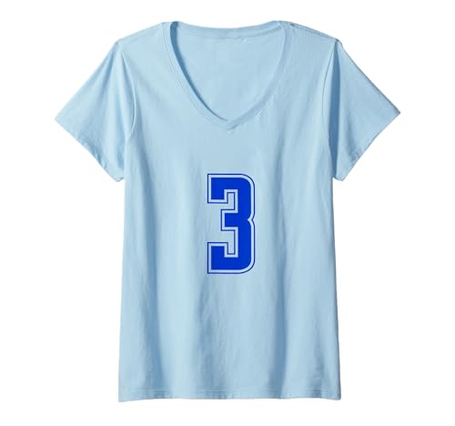 Damen Königsblau Nummer 3 Mannschaft Sport Nummerierte Uniform T-Shirt mit V-Ausschnitt von Uniform Number Sports Blue DESIGN ON THE FRONT