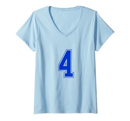 Damen Königsblau Nummer 4 Mannschaft Sport Nummerierte Uniform T-Shirt mit V-Ausschnitt von Uniform Number Sports Blue DESIGN ON THE FRONT
