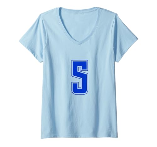 Damen Königsblau Nummer 5 Mannschaft Sport Nummerierte Uniform T-Shirt mit V-Ausschnitt von Uniform Number Sports Blue DESIGN ON THE FRONT