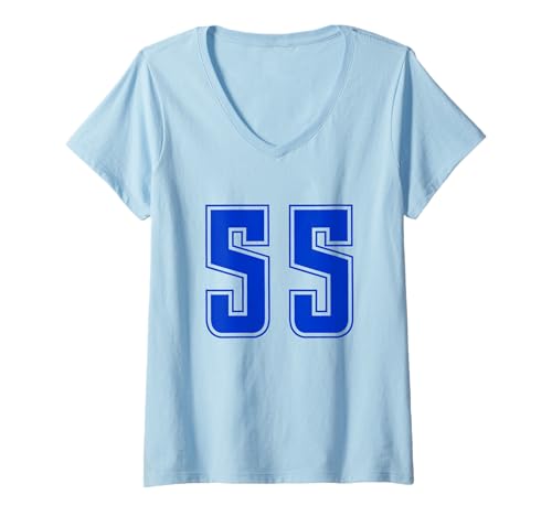 Damen Königsblau Nummer 55 Mannschaft Sport Nummerierte Uniform T-Shirt mit V-Ausschnitt von Uniform Number Sports Blue DESIGN ON THE FRONT