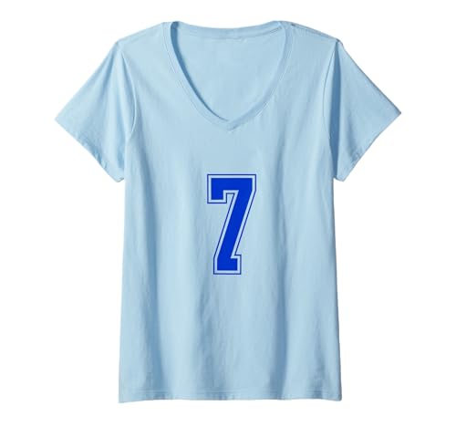 Damen Königsblau Nummer 7 Mannschaft Sport Nummerierte Uniform T-Shirt mit V-Ausschnitt von Uniform Number Sports Blue DESIGN ON THE FRONT