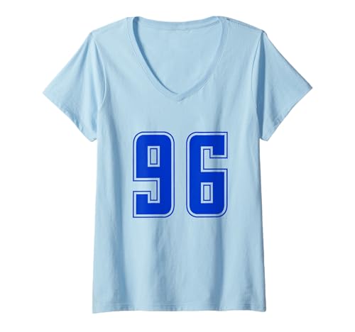 Damen Königsblau Nummer 96 Mannschaft Sport Nummerierte Uniform T-Shirt mit V-Ausschnitt von Uniform Number Sports Blue DESIGN ON THE FRONT
