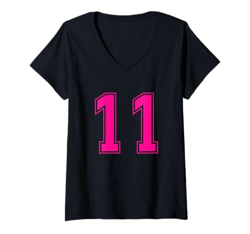 Damen Pink Nummer 11 Team Junior Sports Pink Nummerierte Uniform T-Shirt mit V-Ausschnitt von Uniform Number Sports Pink DESIGN ON THE FRONT