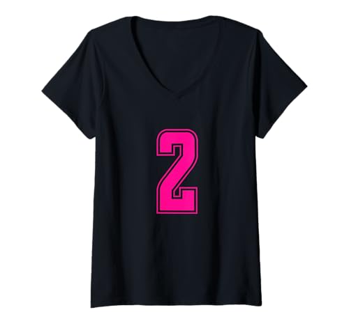 Damen Pink Nummer 2 Team Junior Sports Pink Nummerierte Uniform T-Shirt mit V-Ausschnitt von Uniform Number Sports Pink DESIGN ON THE FRONT