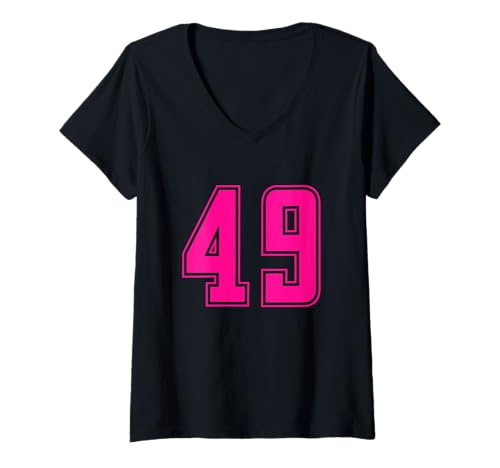 Damen Pink Nummer 49 Team Junior Sports Pink Nummerierte Uniform T-Shirt mit V-Ausschnitt von Uniform Number Sports Pink DESIGN ON THE FRONT