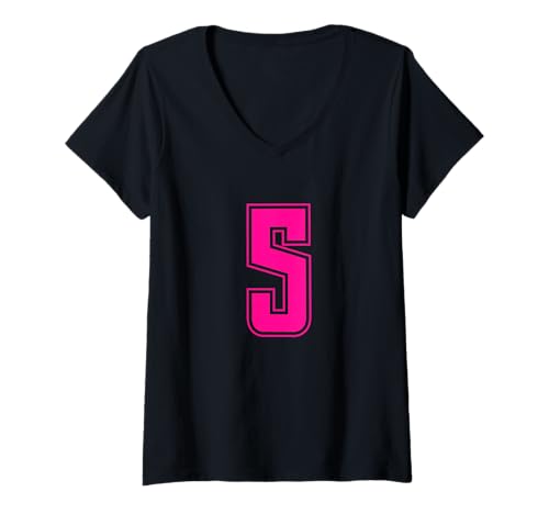 Damen Pink Nummer 5 Team Junior Sports Pink Nummerierte Uniform T-Shirt mit V-Ausschnitt von Uniform Number Sports Pink DESIGN ON THE FRONT