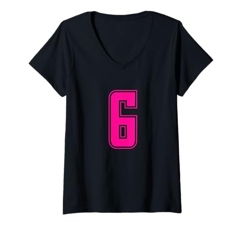 Damen Pink Nummer 6 Team Junior Sports Pink Nummerierte Uniform T-Shirt mit V-Ausschnitt von Uniform Number Sports Pink DESIGN ON THE FRONT