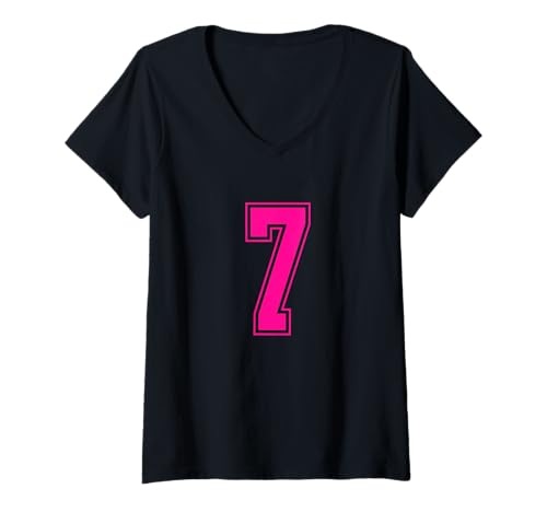Damen Pink Nummer 7 Team Junior Sports Pink Nummerierte Uniform T-Shirt mit V-Ausschnitt von Uniform Number Sports Pink DESIGN ON THE FRONT