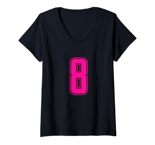 Damen Pink Nummer 8 Team Junior Sports Pink Nummerierte Uniform T-Shirt mit V-Ausschnitt von Uniform Number Sports Pink DESIGN ON THE FRONT