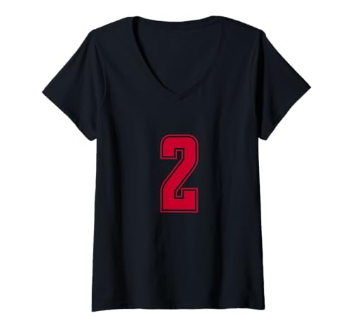 Damen Rot Nummer 2 Mannschaft Sport Nummerierte Uniform T-Shirt mit V-Ausschnitt von Uniform Number Sports Red DESIGN ON THE FRONT