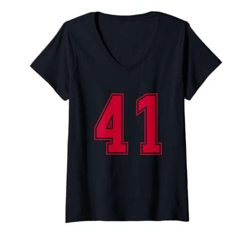Damen Rot Nummer 41 Mannschaft Sport Nummerierte Uniform T-Shirt mit V-Ausschnitt Damen Rot Nummer 41 Mannschaft Sport Nummerierte Uniform T-Shirt mit V-Ausschnitt von Uniform Number Sports Red DESIGN ON THE FRONT