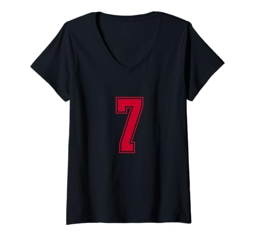 Damen Rot Nummer 7 Mannschaft Sport Nummerierte Uniform T-Shirt mit V-Ausschnitt Damen Rot Nummer 7 Mannschaft Sport Nummerierte Uniform T-Shirt mit V-Ausschnitt von Uniform Number Sports Red DESIGN ON THE FRONT
