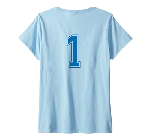 Damen Blau 1 Nummer Mannschaft Sport Nummerierte Uniform T-Shirt mit V-Ausschnitt von Uniform Numbered Blau DESIGN AUF DER RÜCKSEITE