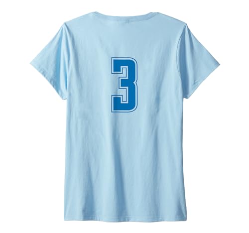 Damen Blau Nummer 3 Mannschaft Sport Nummerierte Uniform T-Shirt mit V-Ausschnitt von Uniform Numbered Blau DESIGN AUF DER RÜCKSEITE