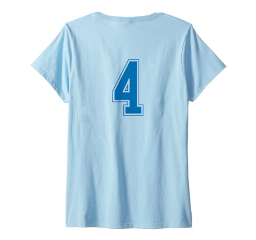 Damen Blau Nummer 4 Mannschaft Sport Nummerierte Uniform T-Shirt mit V-Ausschnitt von Uniform Numbered Blau DESIGN AUF DER RÜCKSEITE