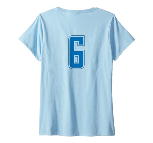 Damen Blau Nummer 6 Mannschaft Sport Nummerierte Uniform T-Shirt mit V-Ausschnitt von Uniform Numbered Blau DESIGN AUF DER RÜCKSEITE