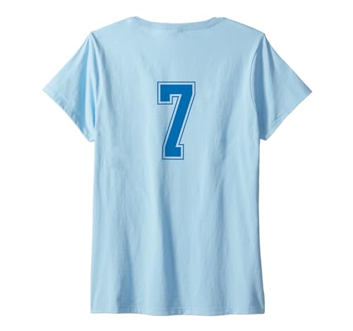 Damen Blau Nummer 7 Mannschaft Sport Nummerierte Uniform T-Shirt mit V-Ausschnitt von Uniform Numbered Blau DESIGN AUF DER RÜCKSEITE
