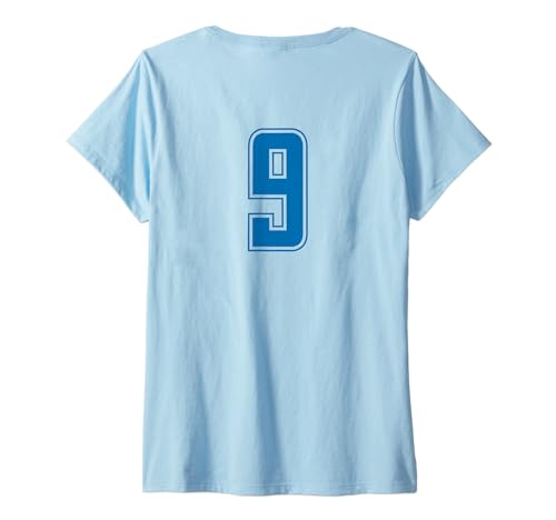 Damen Blau Nummer 9 Mannschaft Sport Nummerierte Uniform T-Shirt mit V-Ausschnitt von Uniform Numbered Blau DESIGN AUF DER RÜCKSEITE