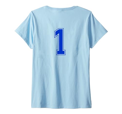 Damen Königsblau 1 Nummer Mannschaft Sport Nummerierte Uniform T-Shirt mit V-Ausschnitt von Uniform Numbered Blau DESIGN AUF DER RÜCKSEITE