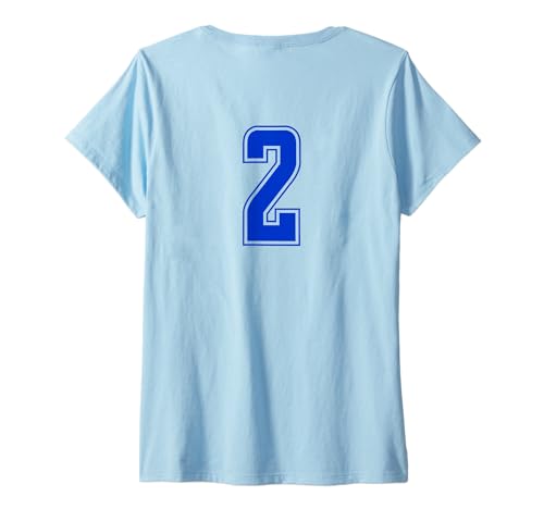 Damen Königsblau Nummer 2 Mannschaft Sport Nummerierte Uniform T-Shirt mit V-Ausschnitt von Uniform Numbered Blau DESIGN AUF DER RÜCKSEITE