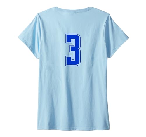 Damen Königsblau Nummer 3 Mannschaft Sport Nummerierte Uniform T-Shirt mit V-Ausschnitt von Uniform Numbered Blau DESIGN AUF DER RÜCKSEITE