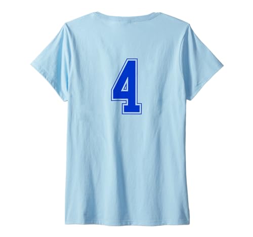 Damen Königsblau Nummer 4 Mannschaft Sport Nummerierte Uniform T-Shirt mit V-Ausschnitt von Uniform Numbered Blau DESIGN AUF DER RÜCKSEITE