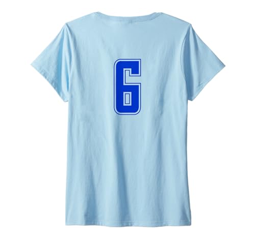 Damen Königsblau Nummer 6 Mannschaft Sport Nummerierte Uniform T-Shirt mit V-Ausschnitt von Uniform Numbered Blau DESIGN AUF DER RÜCKSEITE