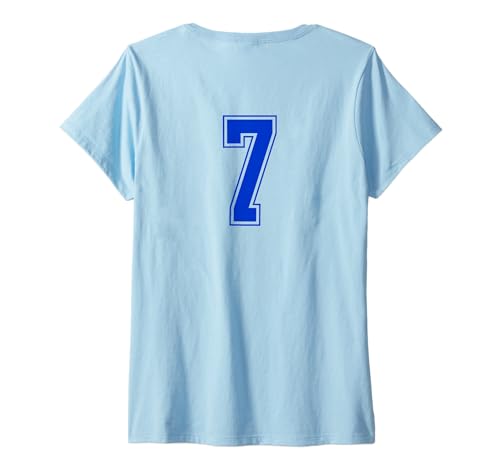 Damen Königsblau Nummer 7 Mannschaft Sport Nummerierte Uniform T-Shirt mit V-Ausschnitt von Uniform Numbered Blau DESIGN AUF DER RÜCKSEITE