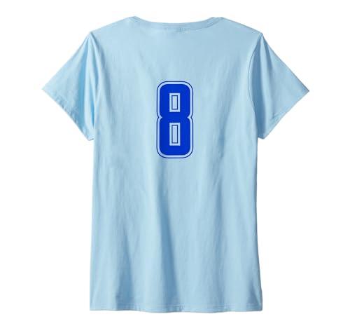 Damen Königsblau Nummer 8 Mannschaft Sport Nummerierte Uniform T-Shirt mit V-Ausschnitt von Uniform Numbered Blau DESIGN AUF DER RÜCKSEITE