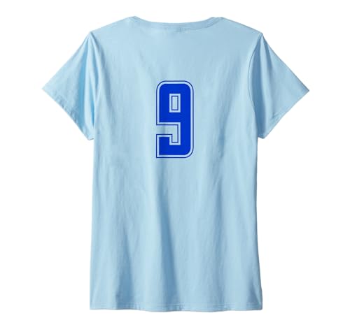 Damen Königsblau Nummer 9 Mannschaft Sport Nummerierte Uniform T-Shirt mit V-Ausschnitt von Uniform Numbered Blau DESIGN AUF DER RÜCKSEITE
