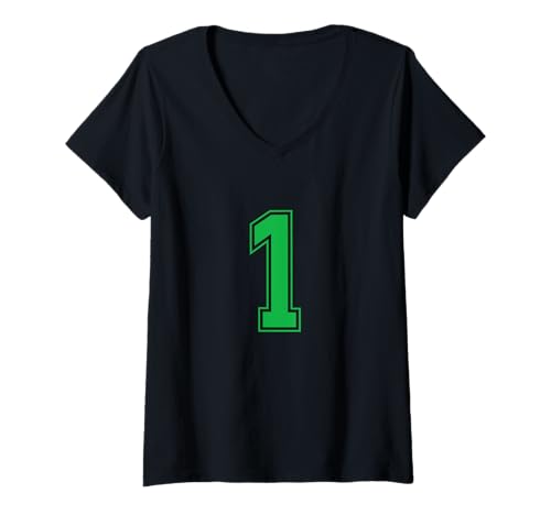 Damen Grün 1 Nummer Mannschaft Sport Nummerierte Uniform T-Shirt mit V-Ausschnitt von Uniform Numbered Retro Sports DESIGN ON THE FRONT