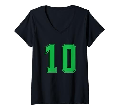 Damen Grün Nummer 10 Mannschaft Sport Nummerierte Uniform T-Shirt mit V-Ausschnitt von Uniform Numbered Retro Sports DESIGN ON THE FRONT