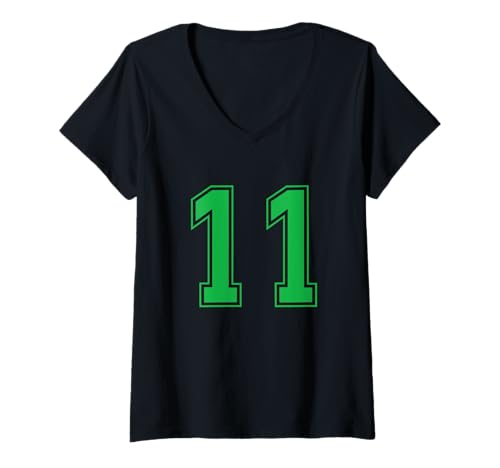 Damen Grün Nummer 11 Mannschaft Sport Nummerierte Uniform T-Shirt mit V-Ausschnitt von Uniform Numbered Retro Sports DESIGN ON THE FRONT
