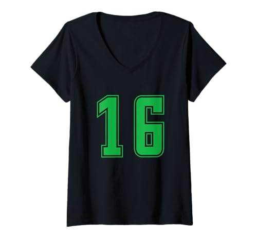 Damen Grün Nummer 16 Mannschaft Sport Nummerierte Uniform T-Shirt mit V-Ausschnitt von Uniform Numbered Retro Sports DESIGN ON THE FRONT