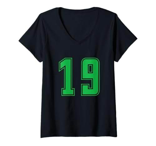 Damen Grün Nummer 19 Mannschaft Sport Nummerierte Uniform T-Shirt mit V-Ausschnitt von Uniform Numbered Retro Sports DESIGN ON THE FRONT