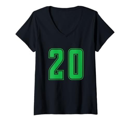 Damen Grün Nummer 20 Mannschaft Sport Nummerierte Uniform T-Shirt mit V-Ausschnitt von Uniform Numbered Retro Sports DESIGN ON THE FRONT