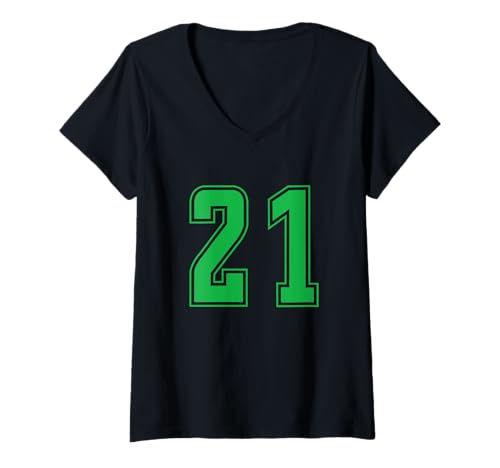 Damen Grün Nummer 21 Mannschaft Sport Nummerierte Uniform T-Shirt mit V-Ausschnitt von Uniform Numbered Retro Sports DESIGN ON THE FRONT