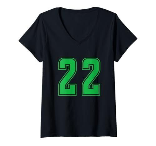Damen Grün Nummer 22 Mannschaft Sport Nummerierte Uniform T-Shirt mit V-Ausschnitt von Uniform Numbered Retro Sports DESIGN ON THE FRONT