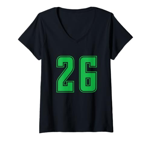 Damen Grün Nummer 26 Mannschaft Sport Nummerierte Uniform T-Shirt mit V-Ausschnitt von Uniform Numbered Retro Sports DESIGN ON THE FRONT