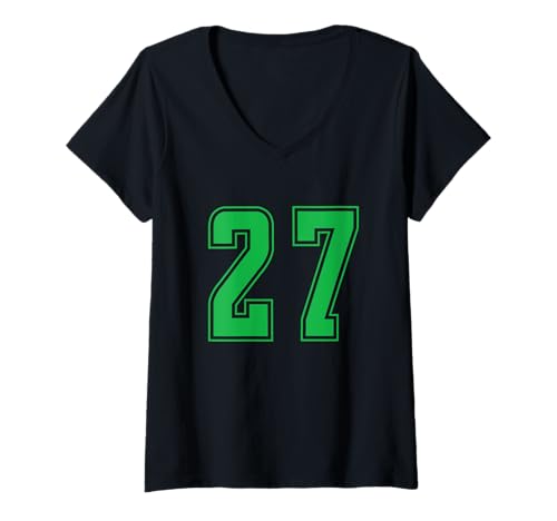 Damen Grün Nummer 27 Mannschaft Sport Nummerierte Uniform T-Shirt mit V-Ausschnitt von Uniform Numbered Retro Sports DESIGN ON THE FRONT
