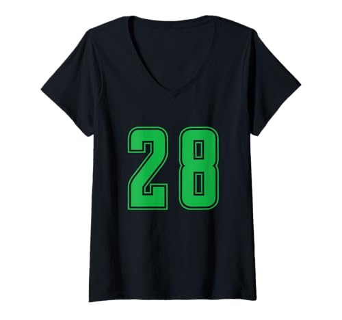 Damen Grün Nummer 28 Mannschaft Sport Nummerierte Uniform T-Shirt mit V-Ausschnitt von Uniform Numbered Retro Sports DESIGN ON THE FRONT