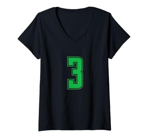 Damen Grün Nummer 3 Mannschaft Sport Nummerierte Uniform T-Shirt mit V-Ausschnitt von Uniform Numbered Retro Sports DESIGN ON THE FRONT