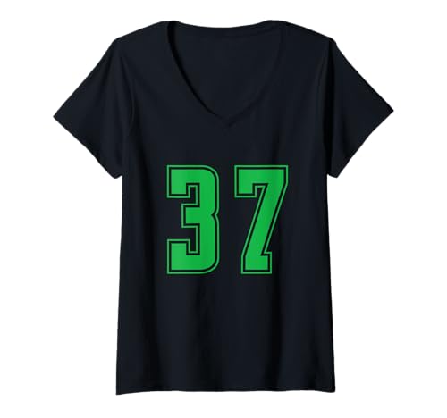 Damen Grün Nummer 37 Mannschaft Sport Nummerierte Uniform T-Shirt mit V-Ausschnitt von Uniform Numbered Retro Sports DESIGN ON THE FRONT