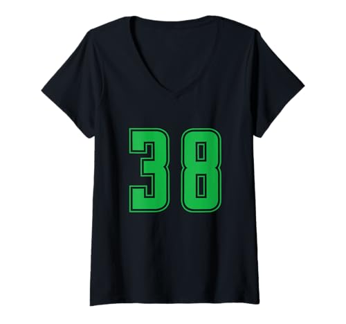 Damen Grün Nummer 38 Mannschaft Sport Nummerierte Uniform T-Shirt mit V-Ausschnitt von Uniform Numbered Retro Sports DESIGN ON THE FRONT