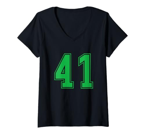 Damen Grün Nummer 41 Mannschaft Sport Nummerierte Uniform T-Shirt mit V-Ausschnitt von Uniform Numbered Retro Sports DESIGN ON THE FRONT